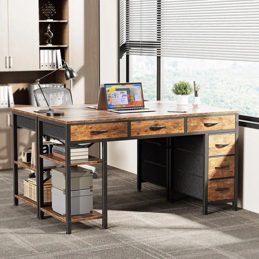 MBVM 6 Drawer Computer Desk With Reversible Storage Shelves