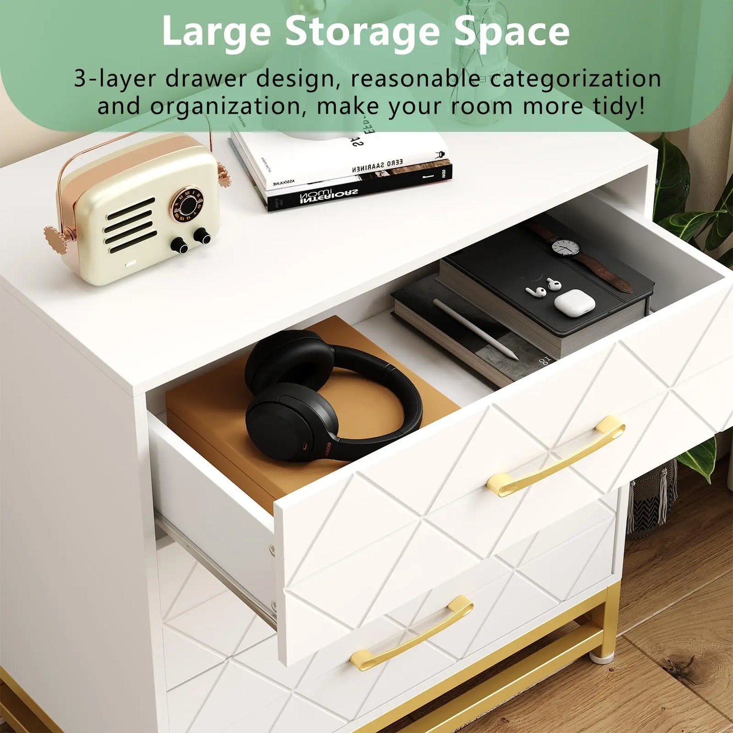 Studyset Three Drawer Dresser Chest of Drawers with Metal Handles