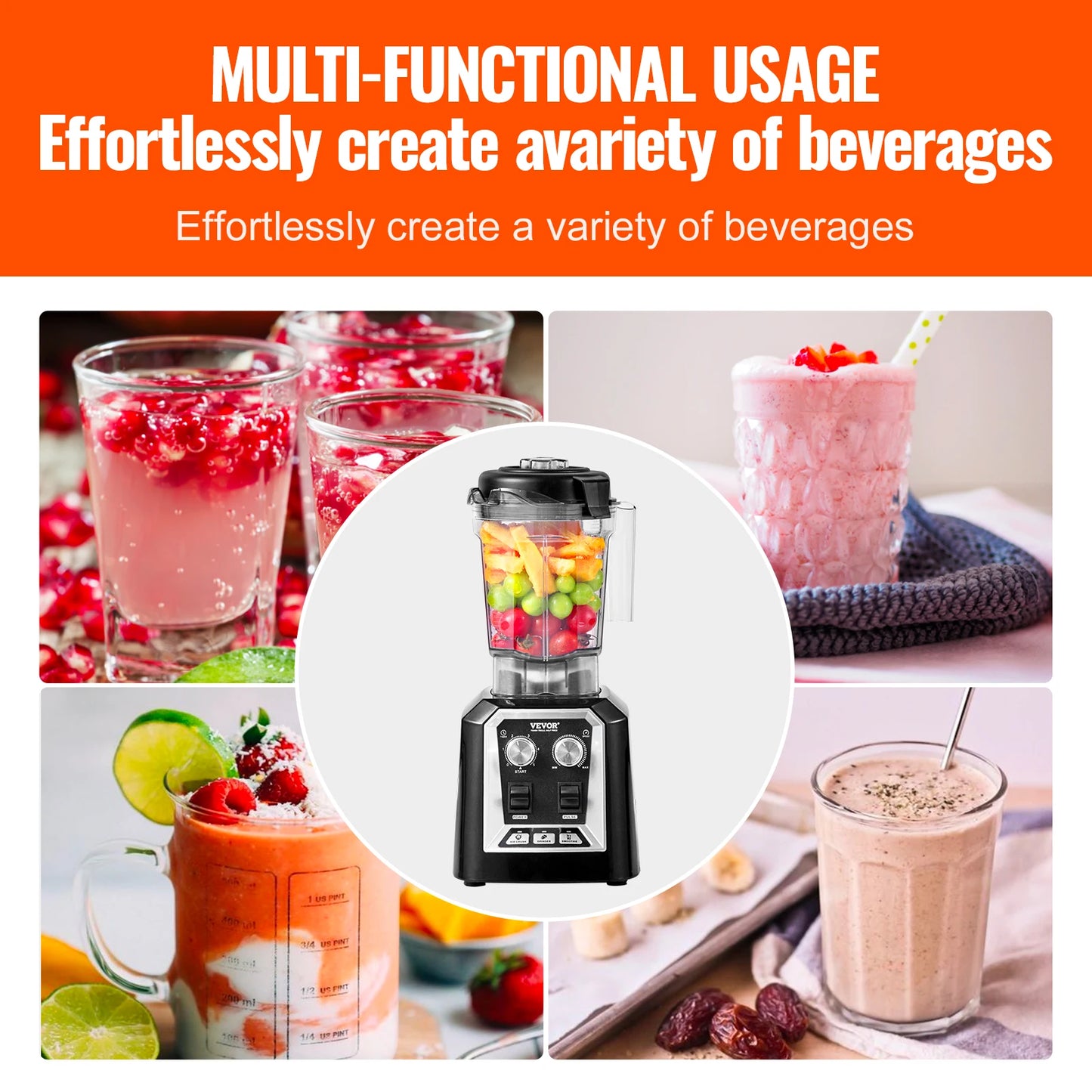 VEVOR 2L Smoothie Blender Professional Countertop Blender Home Kitchen
