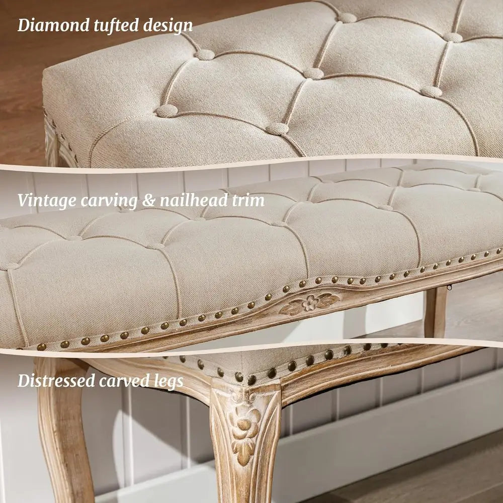 French Vintage Tufted Linen Bedroom Bench With Distressed Wood Legs