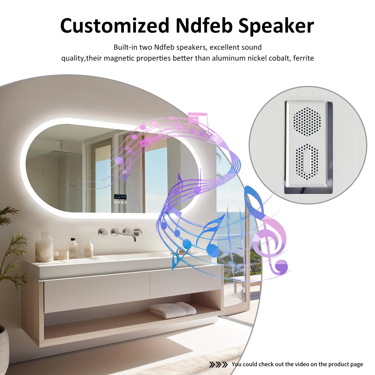 LED Oval Wall Mount Bathroom Mirror With Bluetooth Speaker