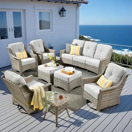 6 Piece All Weather Patio Outdoor Furniture Set Wicker Rattan Sofa Ottoman