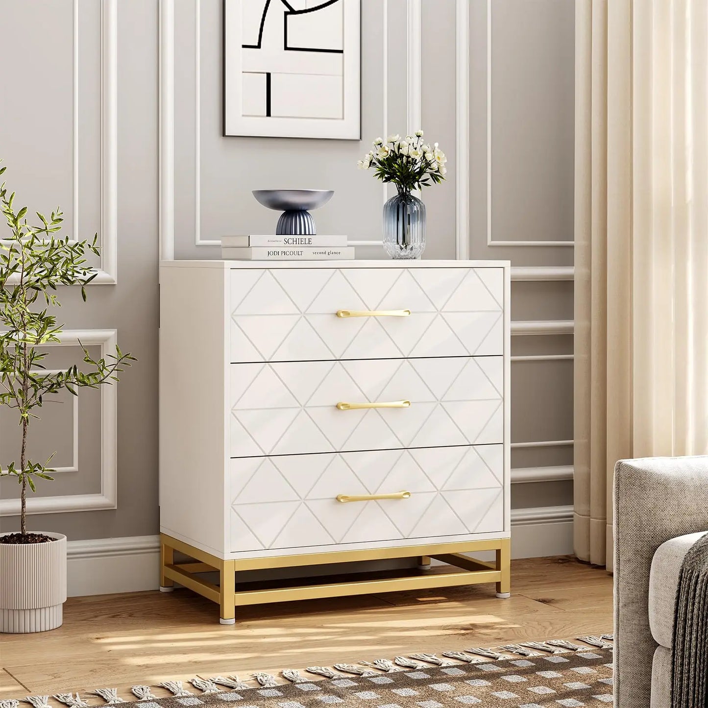 Studyset Three Drawer Dresser Chest of Drawers with Metal Handles