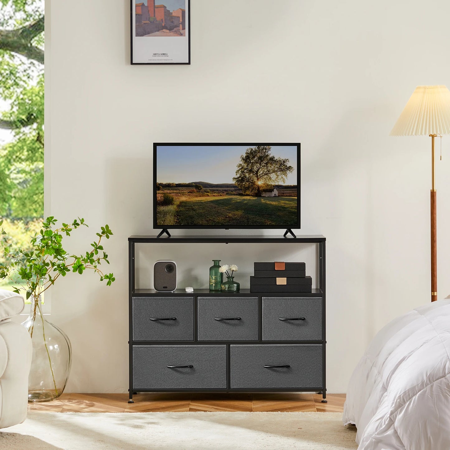 JHK Fireplace TV Stand Dresser 5 Fabric Drawers Storage Cabinet