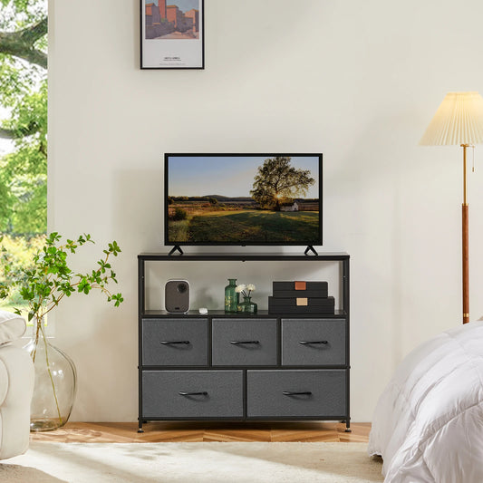 JHK Fireplace TV Stand Dresser 5 Fabric Drawers Storage Cabinet