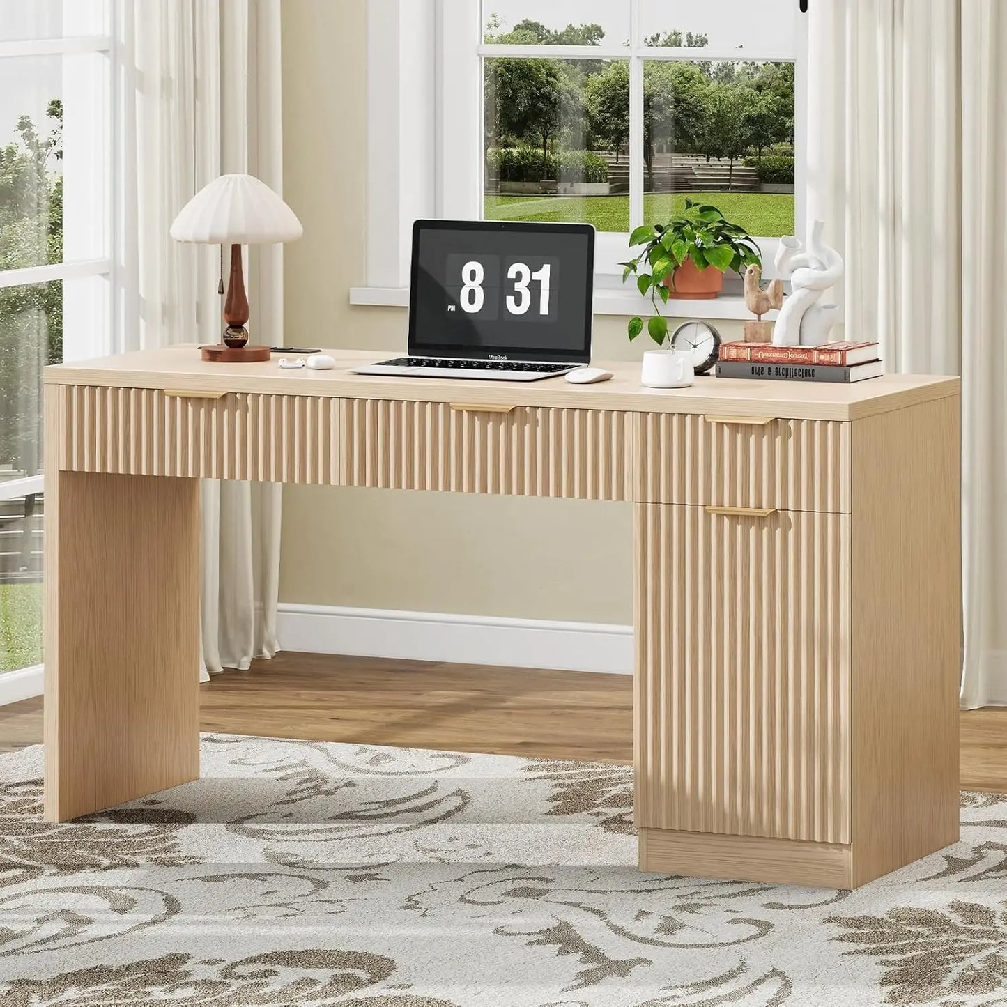 None Wood Executive Desk With Fluted Drawers And Charging Station