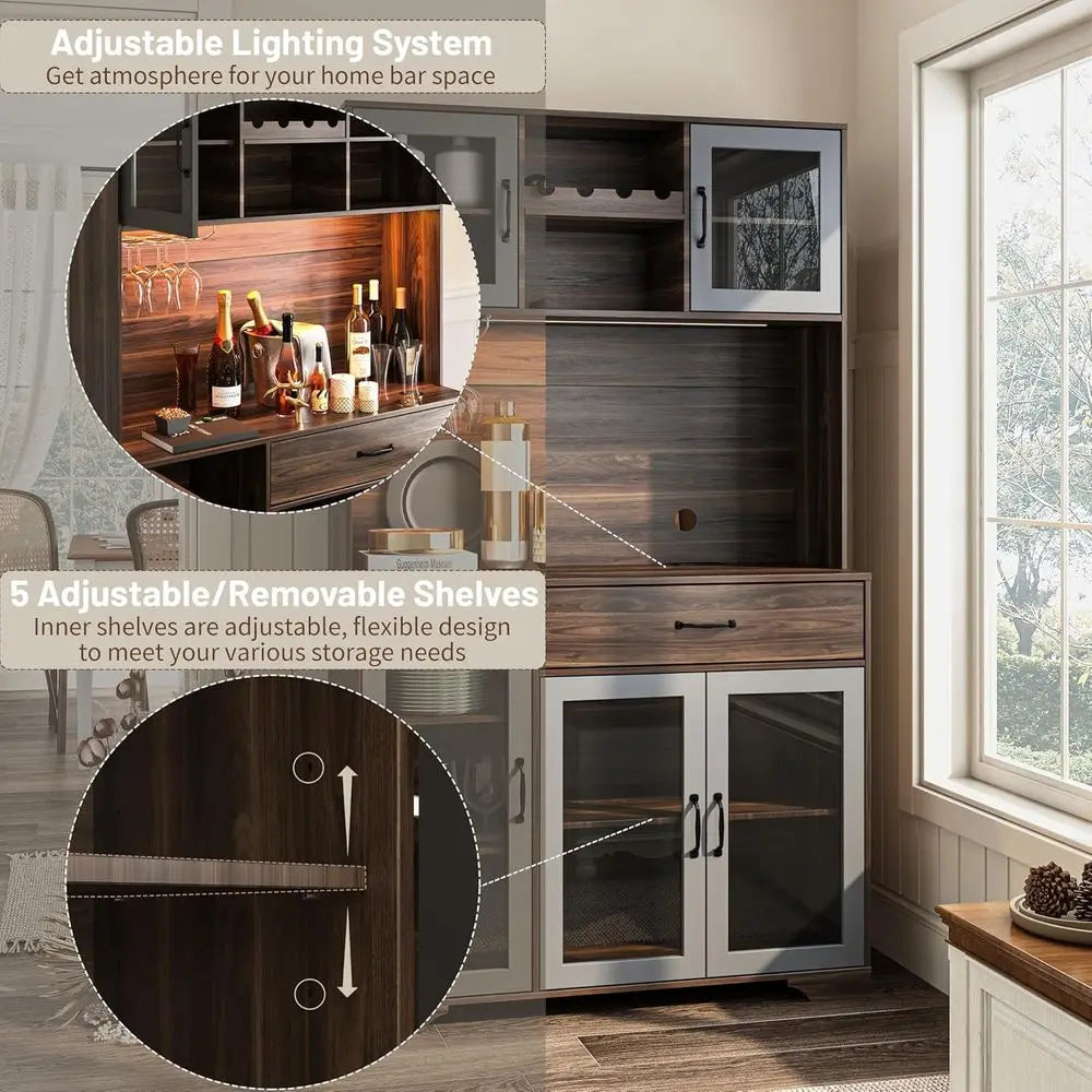 LZJV Kitchen Pantry Cabinet Coffee Bar Wine Rack LED Lights