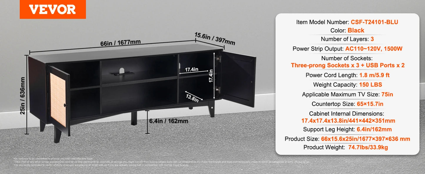 SucceBuy Rattan TV Stand With Built-In USB Ports and Shelves