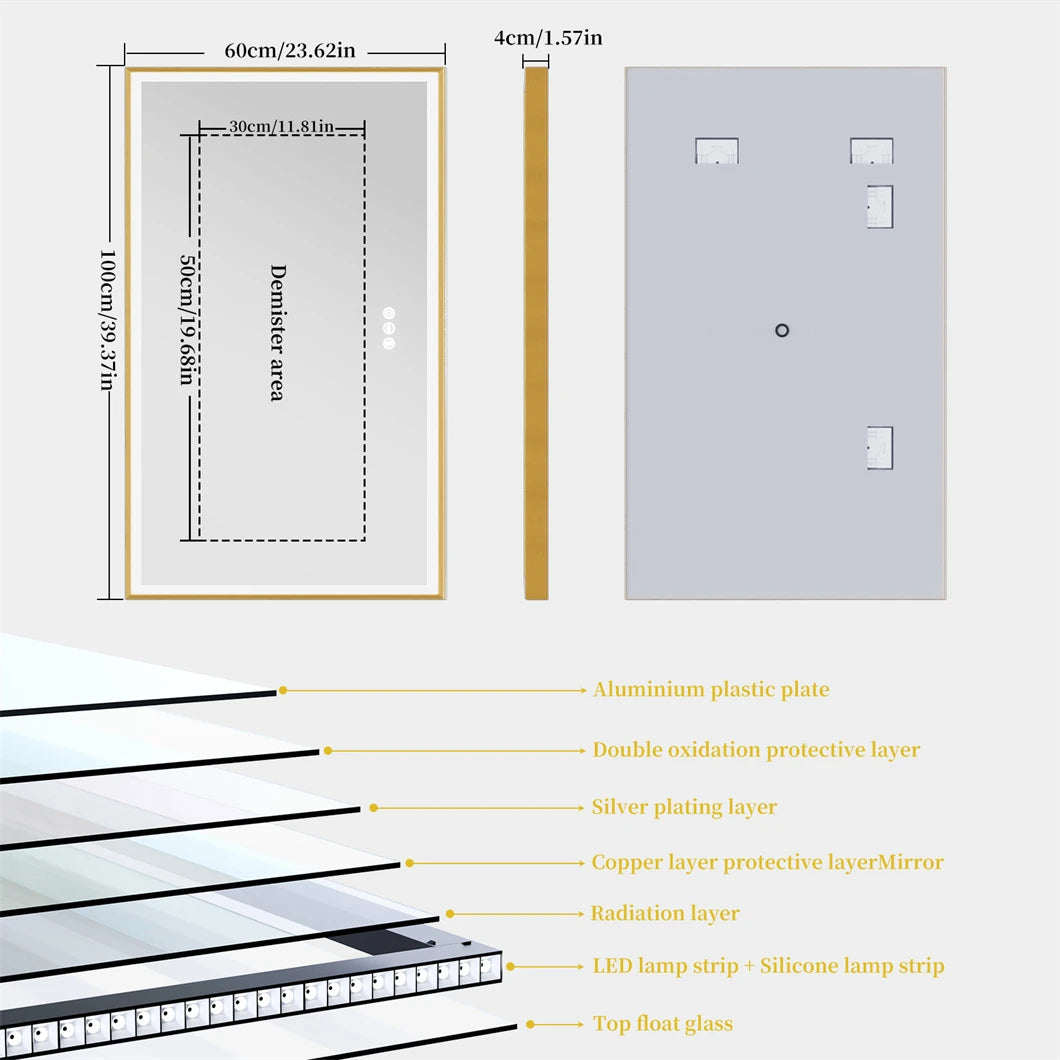 BORWART LED Bathroom Mirror With Aluminum Frame Dimmable Front Light
