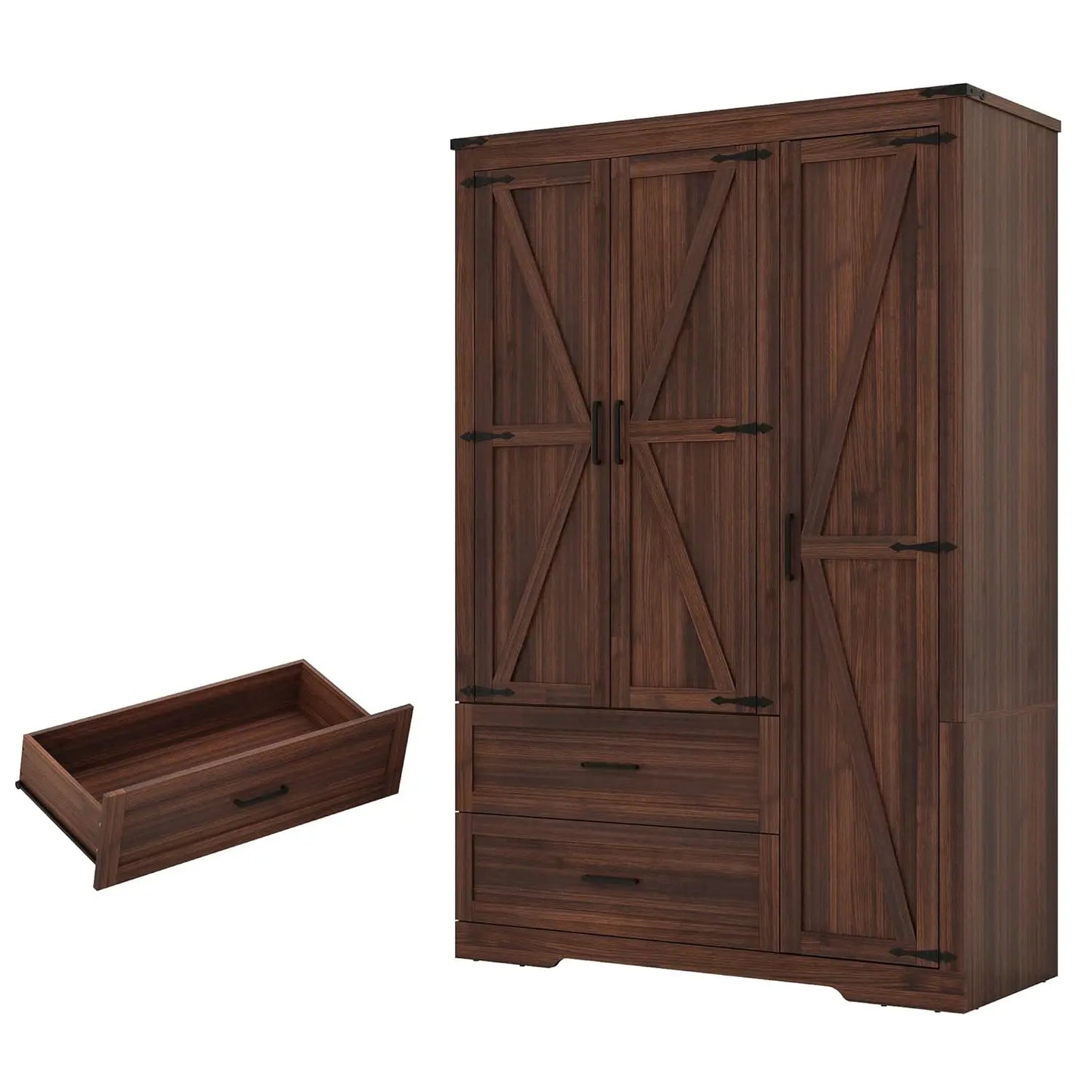 HUANZHUANG Farmhouse Wooden Wardrobe Armoire With 3 Doors 2 Drawers