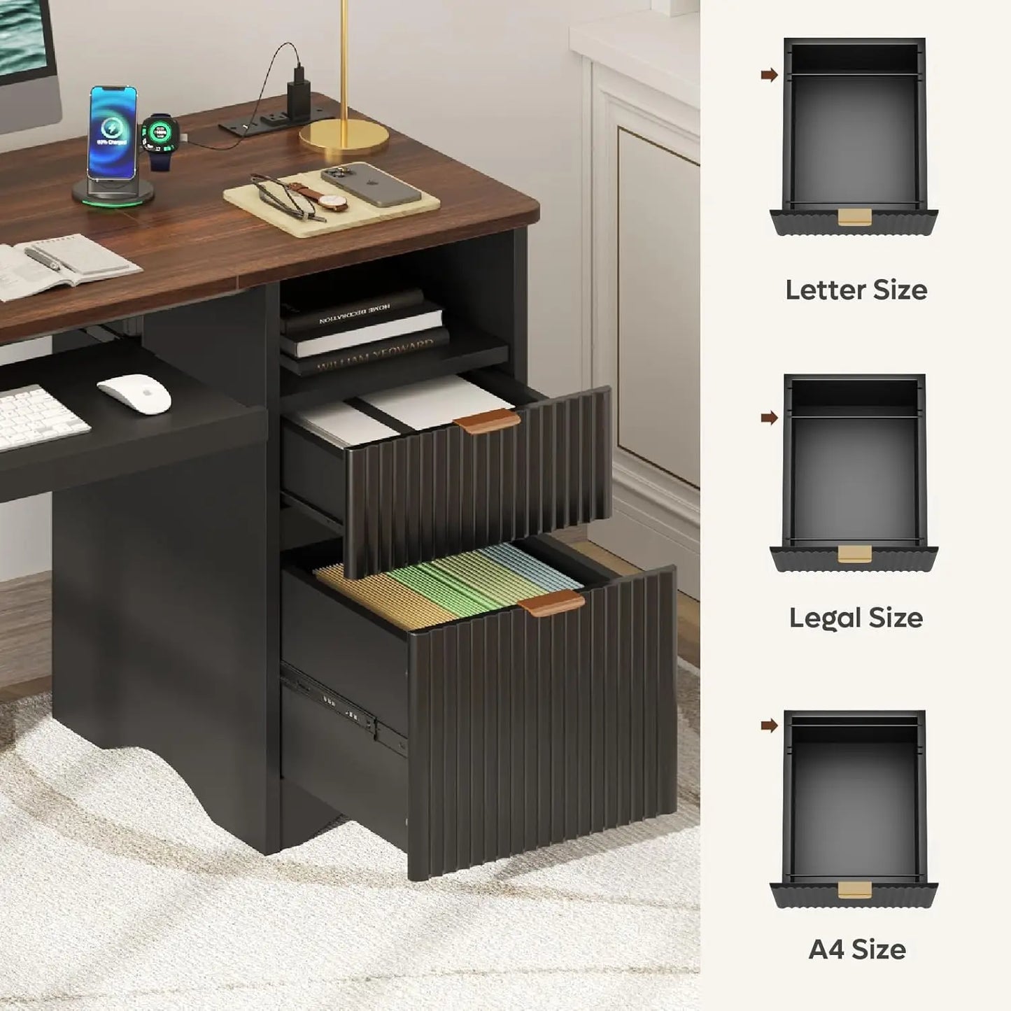 Computer Desk With Keyboard Tray And Power Outlet File Drawer