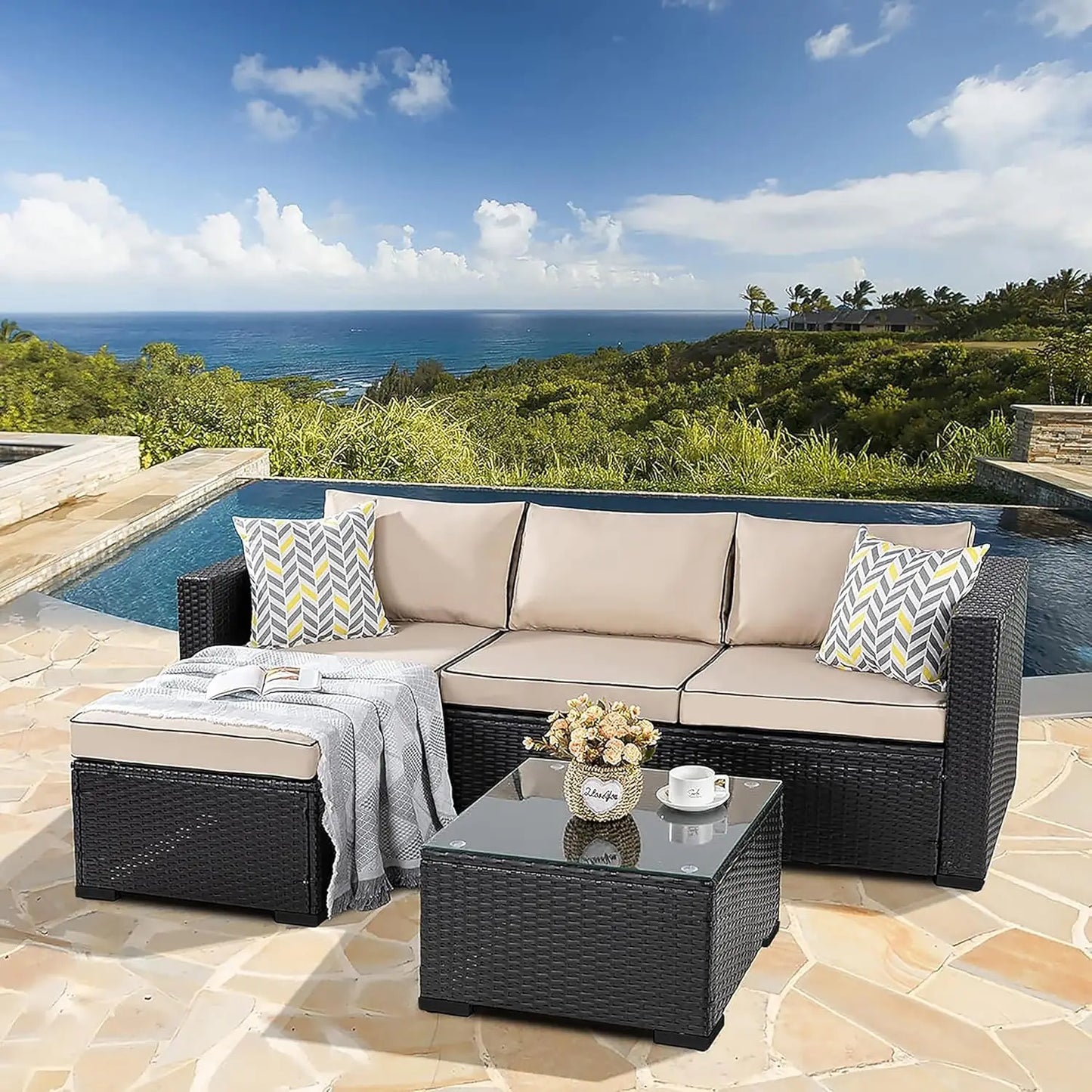 Outdoor 3-Piece Sectional Set With All-Weather Weatherproof-Rattan And Glass Table