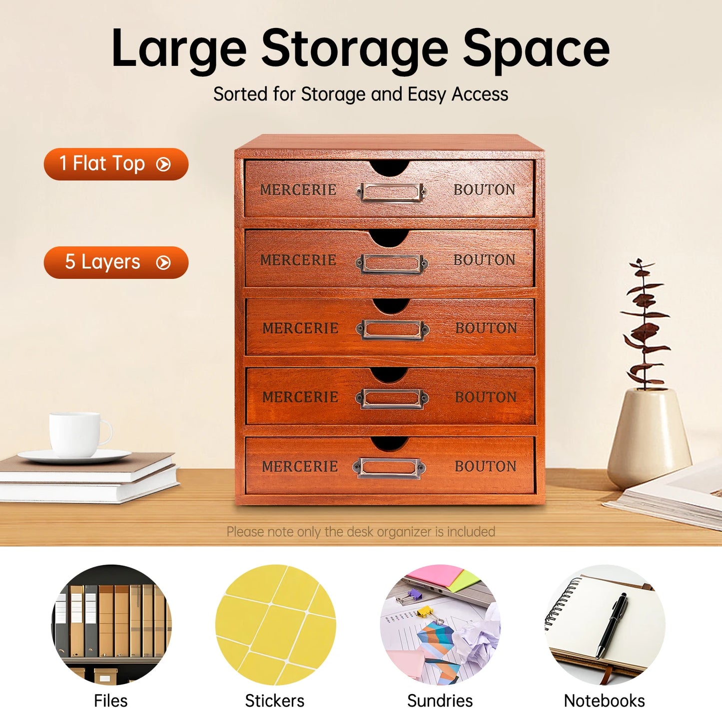 NONECN 5 Drawer Wooden Desk Organizer For Office Study Bedroom