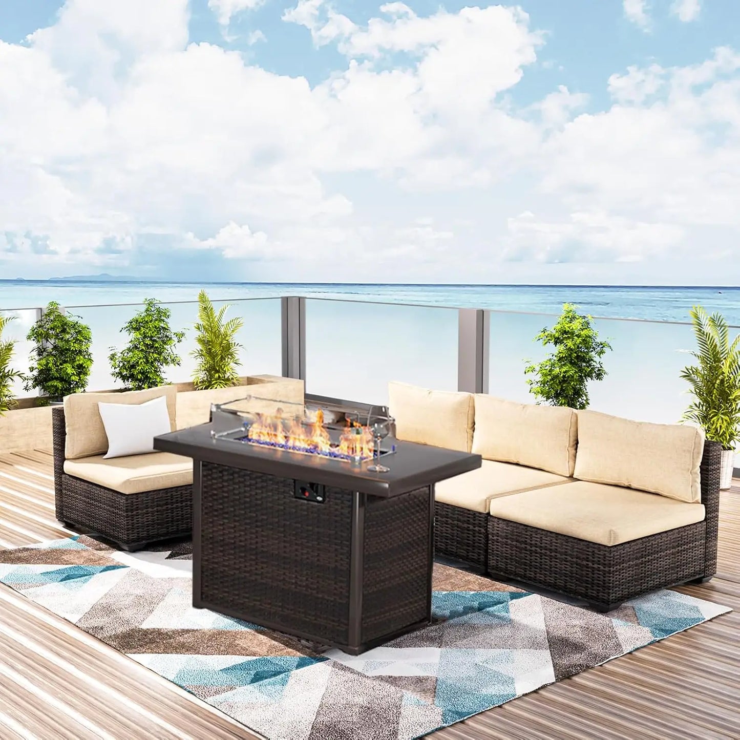 XIAOLANG Patio Furniture Set With Fire Pit Table Outdoor Rattan