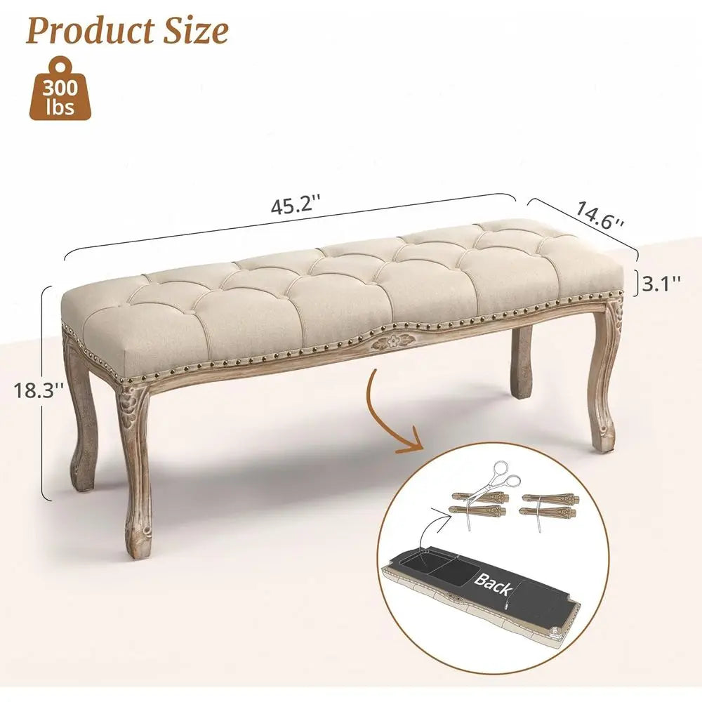 French Vintage Tufted Linen Bedroom Bench With Distressed Wood Legs