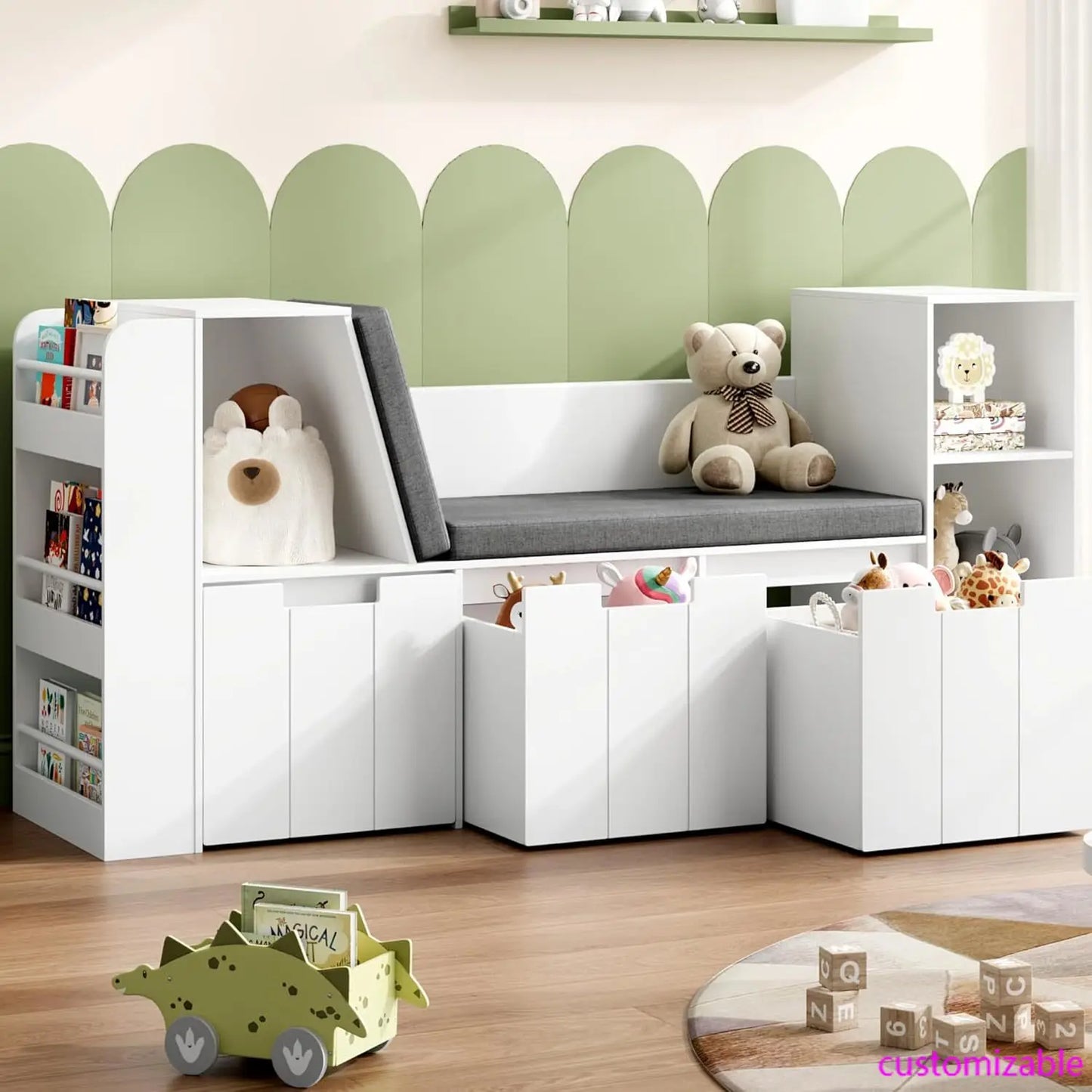 Kids Reading Nook With Bookshelf, Bench And Rolling Drawers For Playroom Storage Solutions