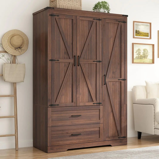 HUANZHUANG Farmhouse Wooden Wardrobe Armoire With 3 Doors 2 Drawers