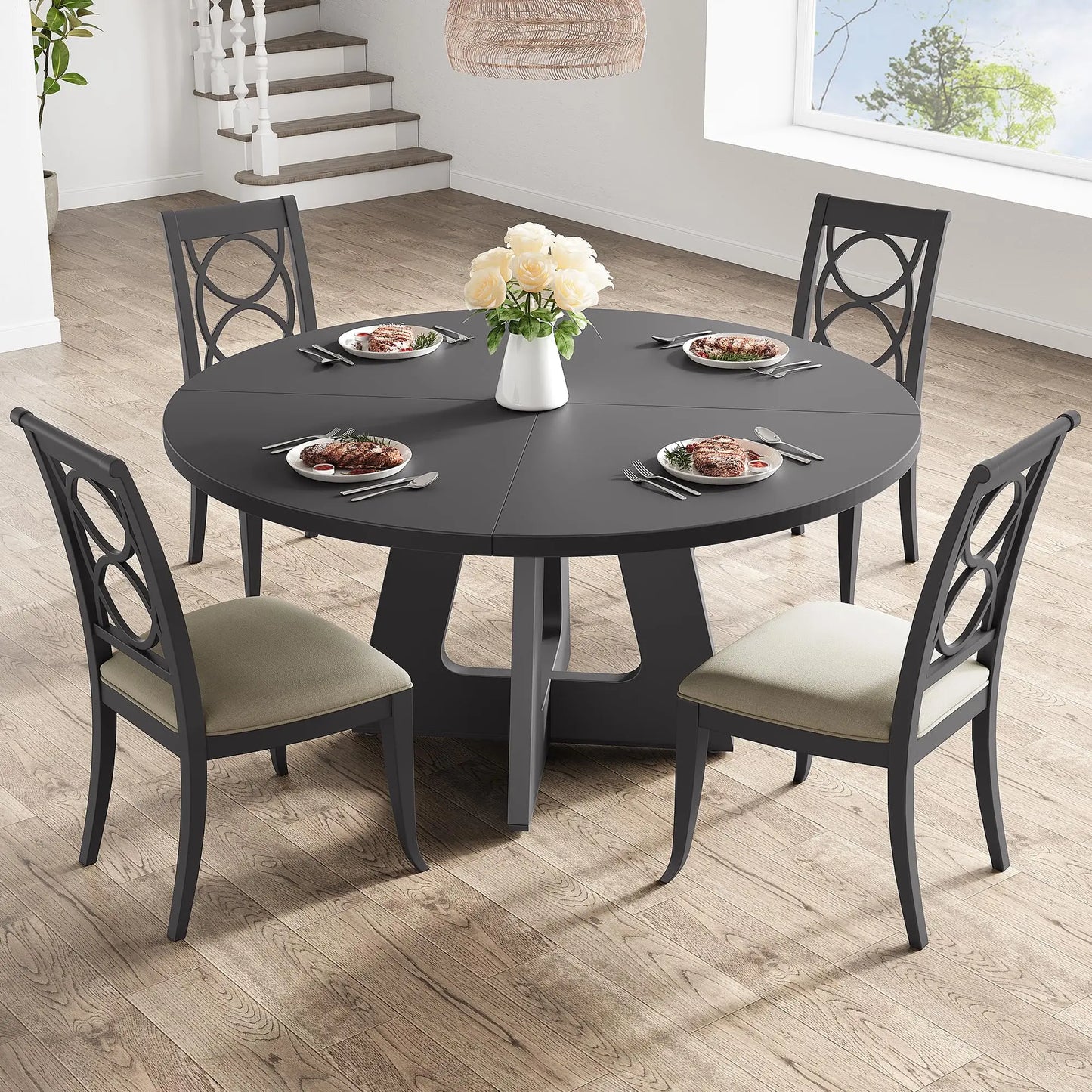 Farmhouse Round Wooden Dining Table For Home Dining Room