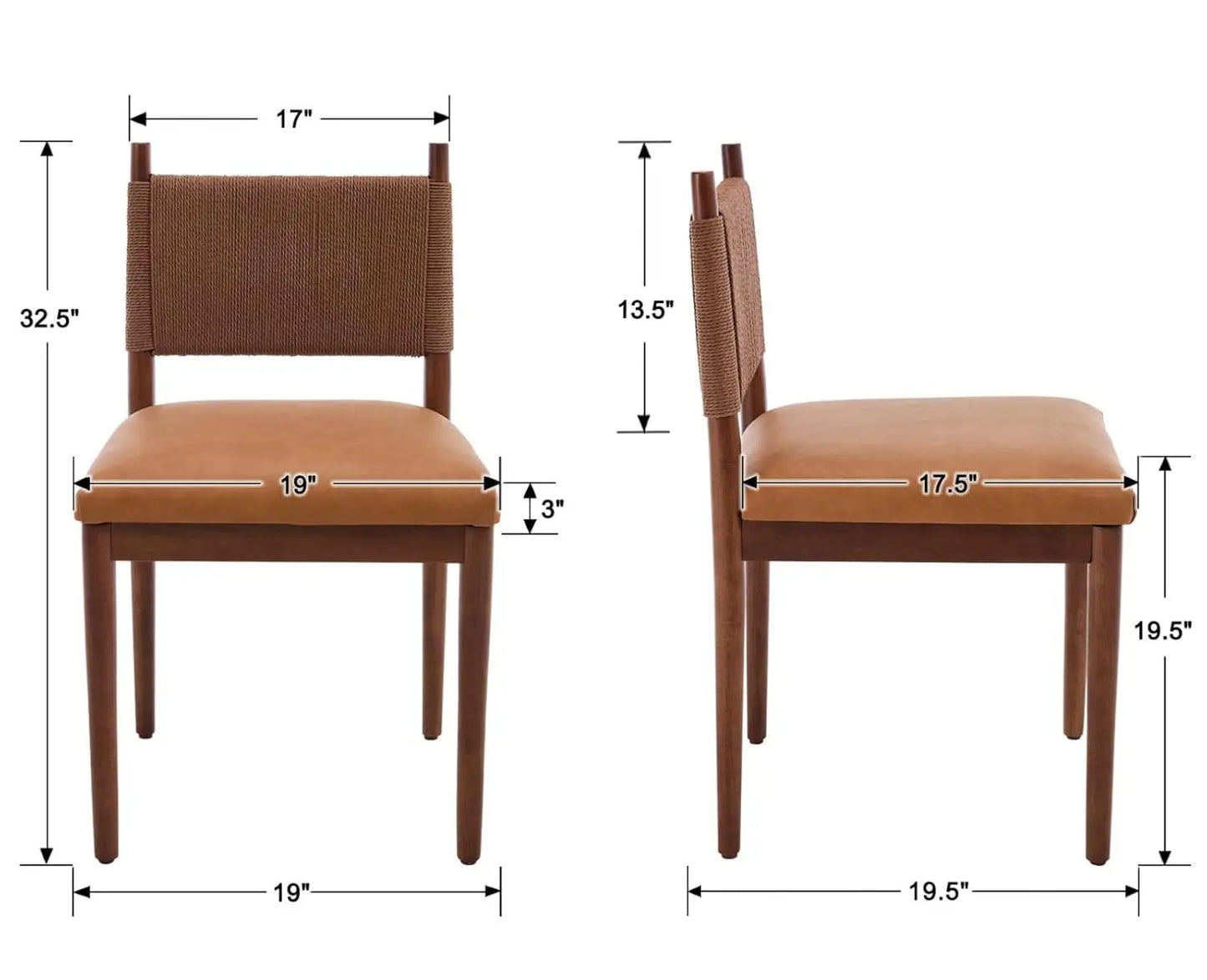 Rattan Dining Chairs Set of 2 With Leather Upholstery and Woven Back
