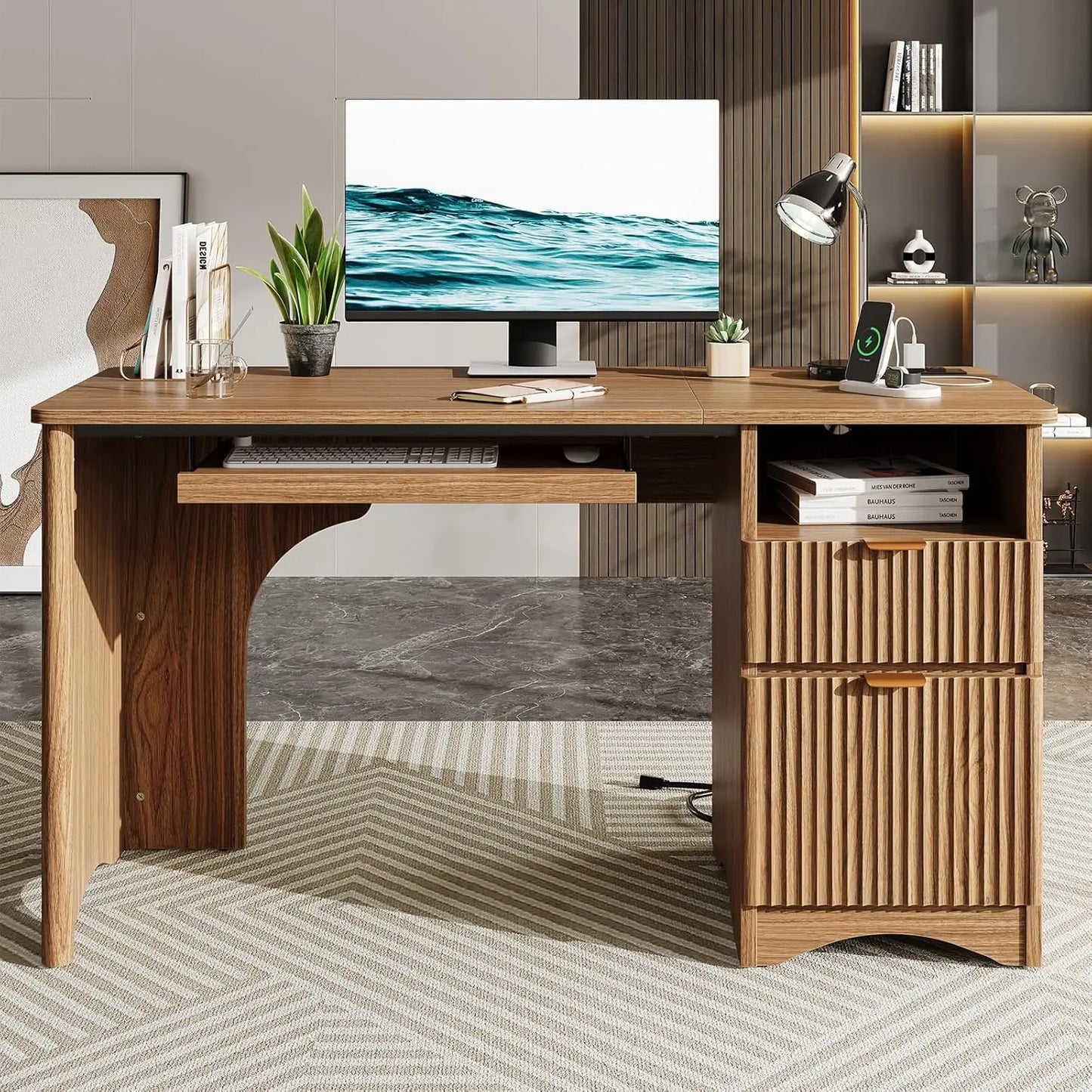 Computer Desk With Keyboard Tray And Power Outlet File Drawer