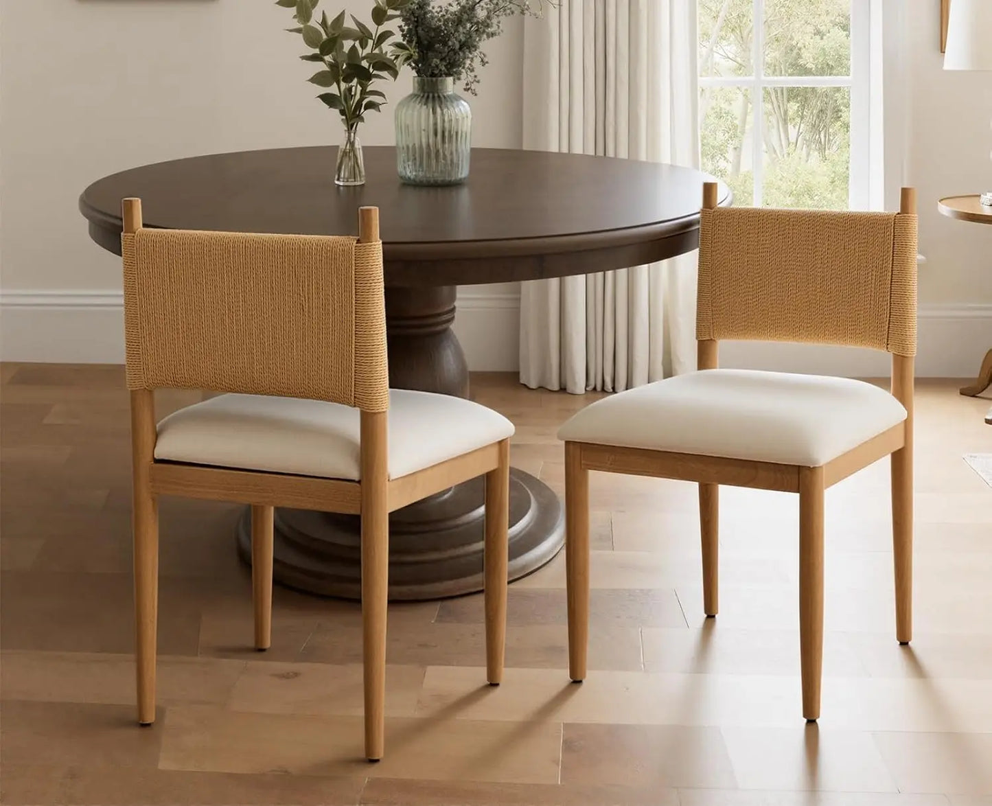 Rattan Dining Chairs Set of 2 With Leather Upholstery and Woven Back