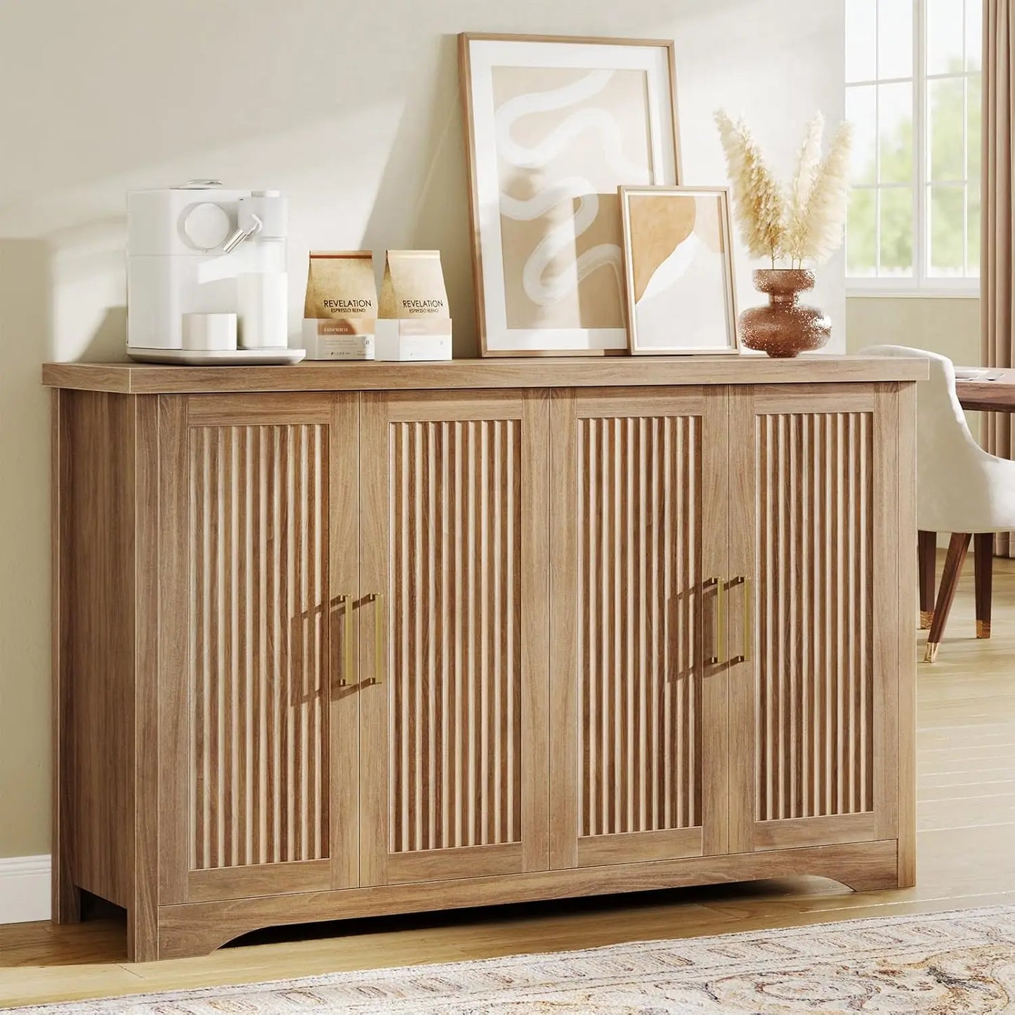 Fluted Buffet Cabinet With Storage Sideboard Modern Credenza Wood