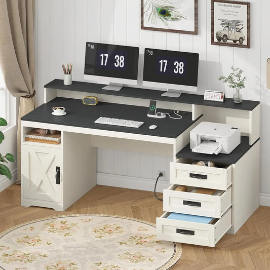 Farmhouse Computer Desk With Drawers And Power Outlets