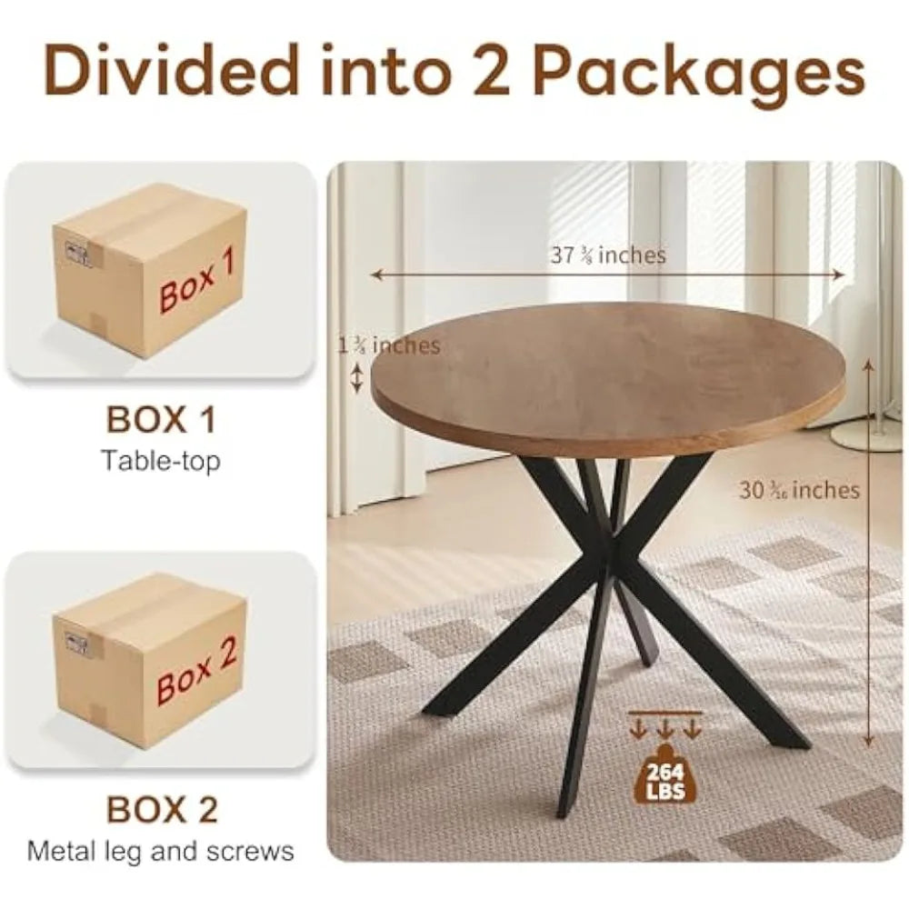 Round Dining Table With Wood Grain MDF Top And Metal Base