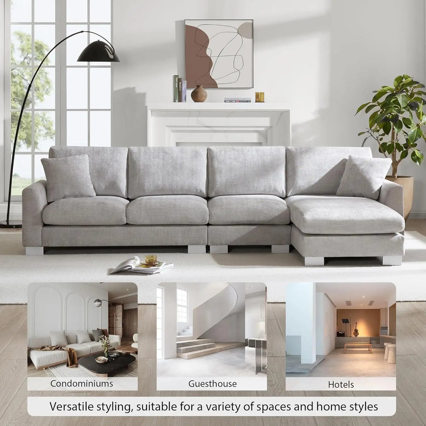 Modern L Shaped Chenille Sectional Sofa Set With Free Pillows